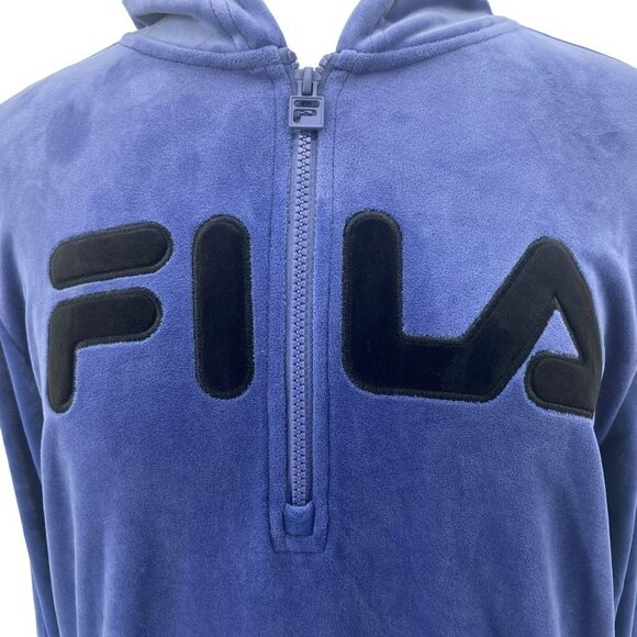 FILA Velour 1/4 Zip Blue Logo Hoodie Womens Medium - Picture 2 of 8